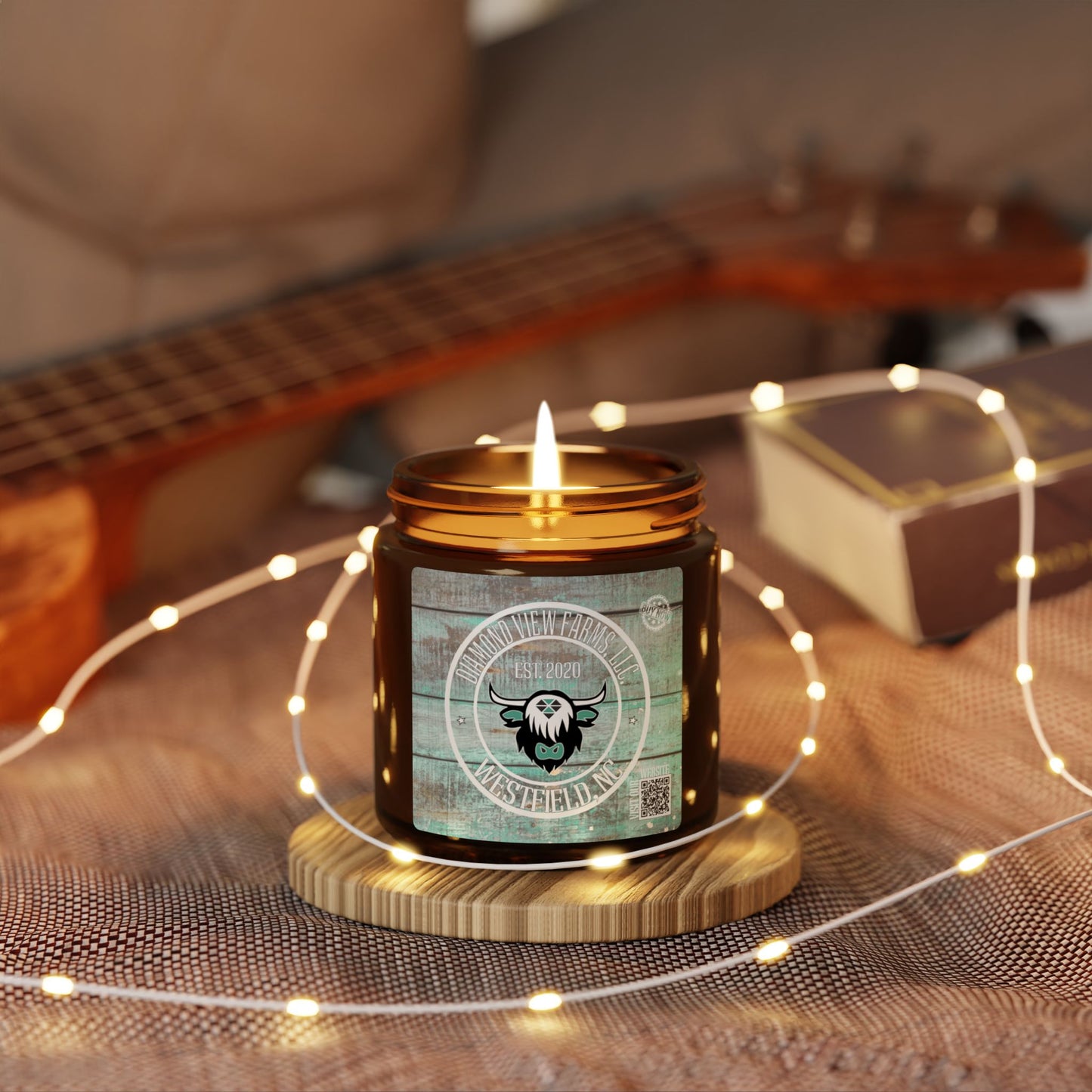 Rustic Scented Soy Candle - Amber Jar with Custom Label, by Diamond View Farms
